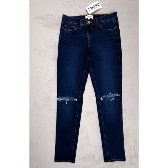 L'Agence Womens Blue Denim Skinny Ankle Jeans Distressed Dark Wash Size 25 - Picture 1 of 10